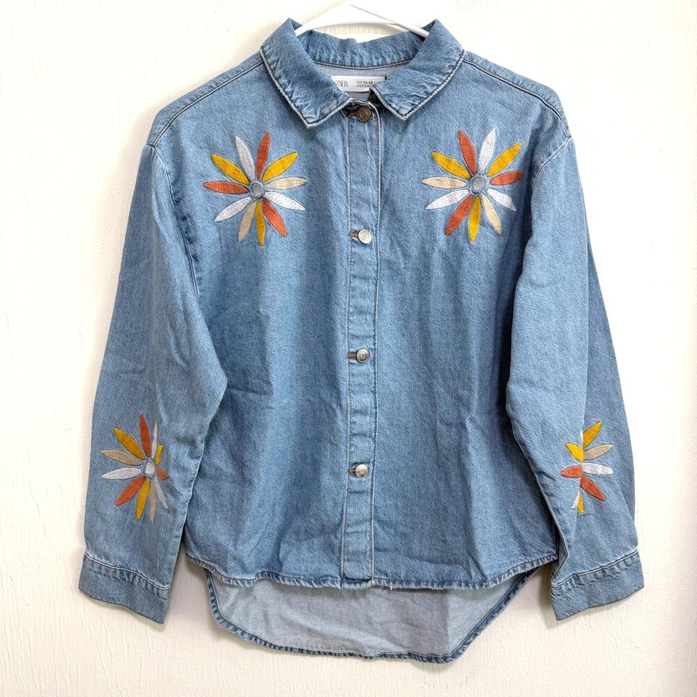 Zara Girls Denim Long Sleeve Snap Button Up Shirt 11-12 Floral Embroidered NWT